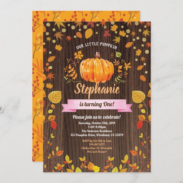 Citrouille invitation d'anniversaire. Premier anni (Devant / Derrière)