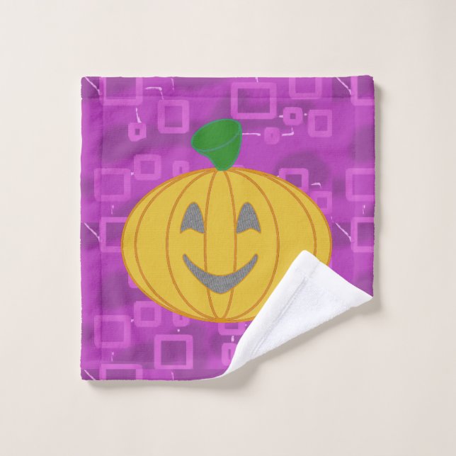 Citrouille moderne sur violet géométrique (Gant de toilette)