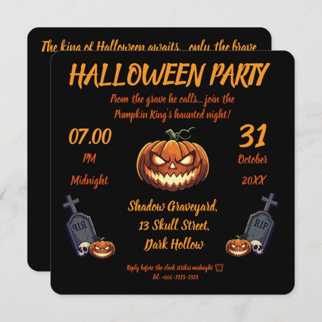 🖤 Citrouille noir roi Halloween Invitation 🎃 (Devant / Derrière)