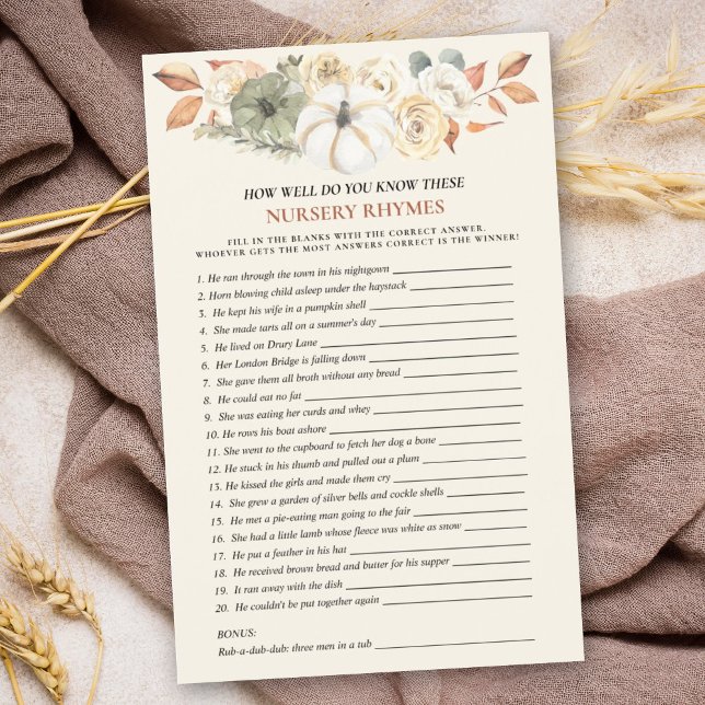 Citrouille Nursery Rhyme Baby shower Jeu (A baby shower nursery rhyme game with a pumpkin theme is a fun & entertaining activity for guests.)