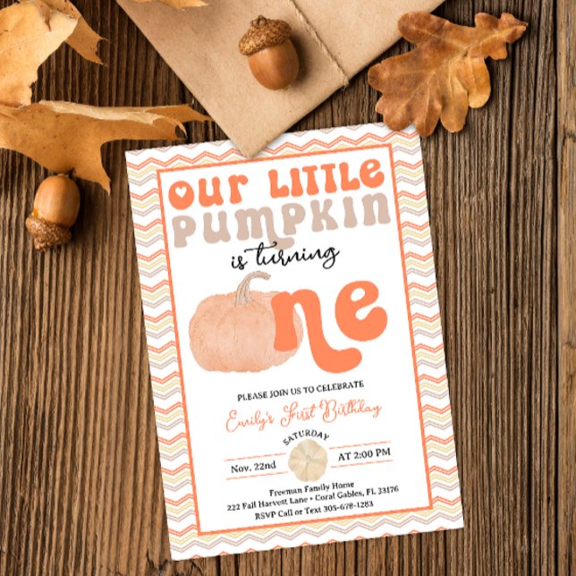 Citrouille rétro 1er anniversaire Invitation (Retro Typography Orange Pumpkin Birthday Party)