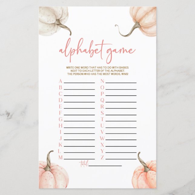 Citrouille rose Automne Baby shower Alphabet Jeu (Devant)