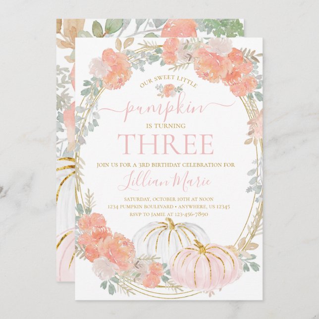 Citrouille rose automne Invitation d'anniversaire (Devant / Derrière)