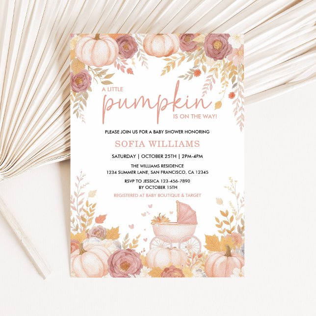 Citrouille rose Baby shower Invitation fille autom (Little Pumpkin Baby Shower Invitation in Blush and Gold)