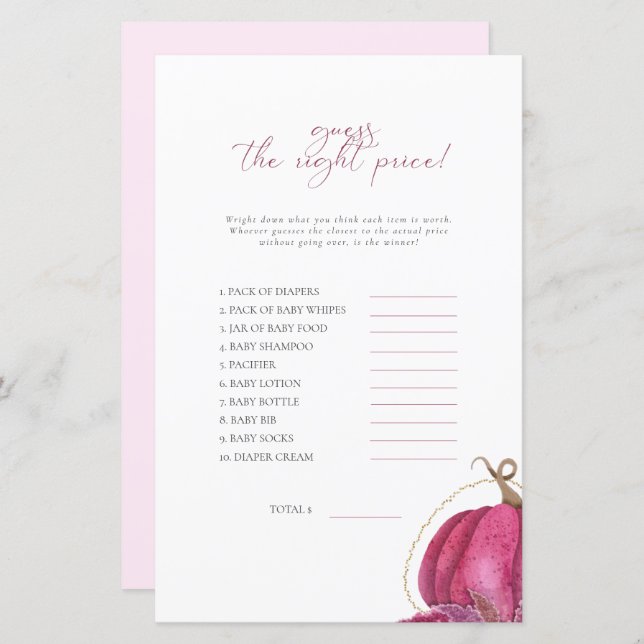 Citrouille Rose Devine Le Baby shower De Prix Jeu (Devant / Derrière)