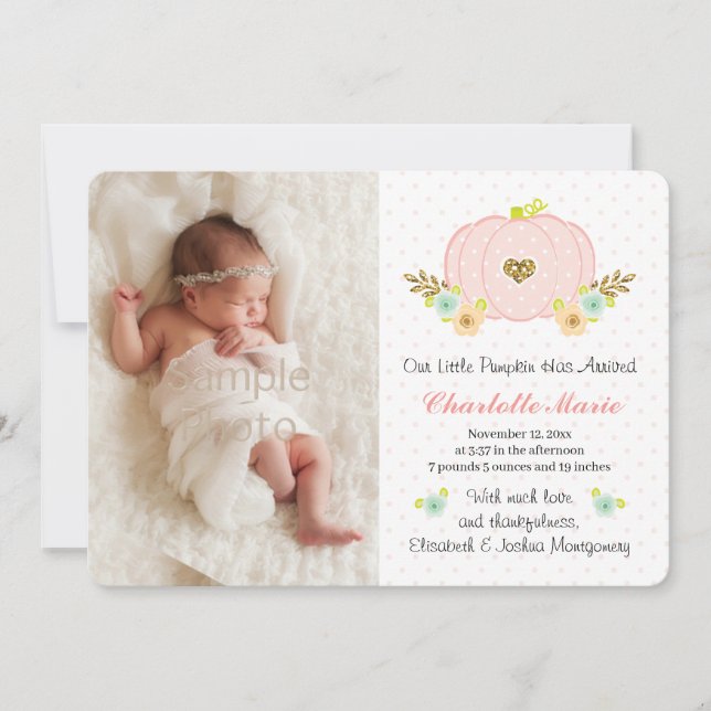 Citrouille rose et or Faire-part de naissance bébé (Devant)