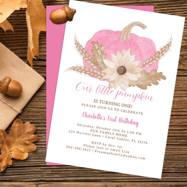 Citrouille rose Premier Invitation d'anniversaire (Pink pumpkin fall birthday party invitation)