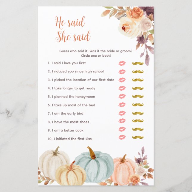 Citrouille Rustic Floral Il a dit Elle a dit Game  (Devant)