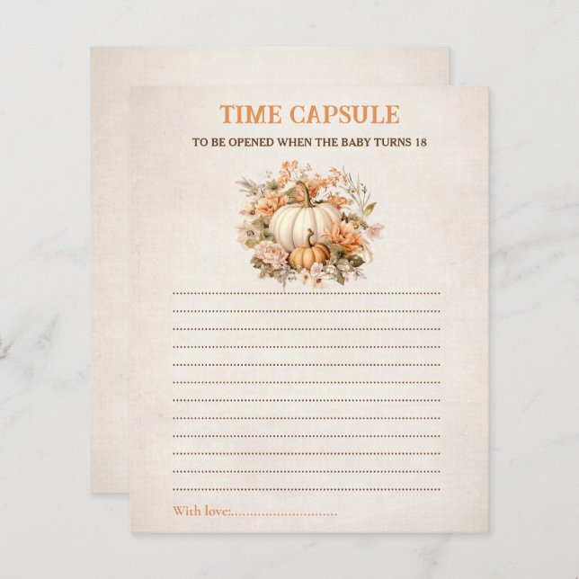 Citrouille Rustic Time Capsule Card Baby shower d' (Devant / Derrière)