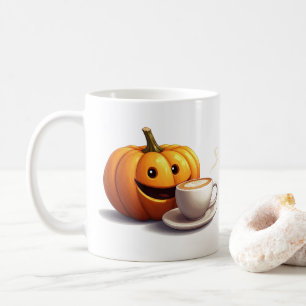Citrouille Souriant Avec Tasse De Latte Automne Te
