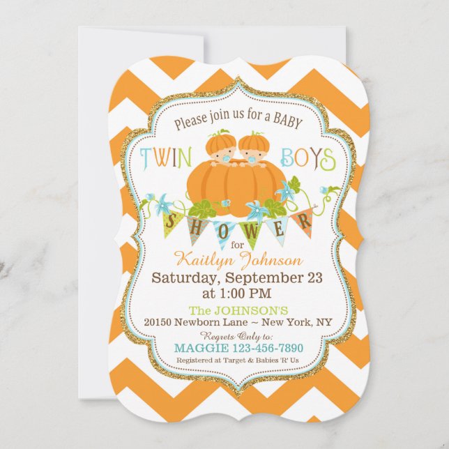 Citrouille Twin Boys Fall Baby Shower Invitations (Devant)