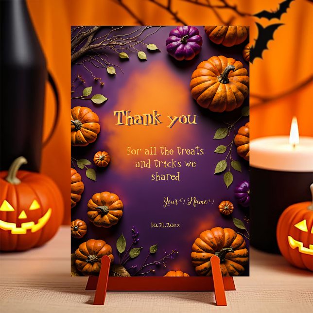 Citrouilles d'Halloween (Halloween Thank You Card. customizable illustration full of pumpkins on orange and purple background)