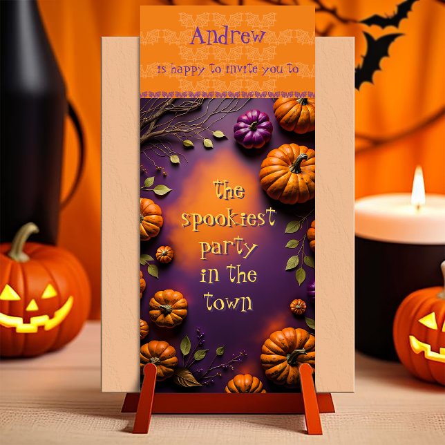 Citrouilles d'Halloween (Halloween Invitation. customizable illustration full of pumpkins on orange and purple background)