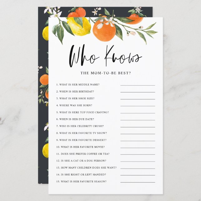 Citrus Botanical Who Knows the Mom Best Game (Devant / Derrière)