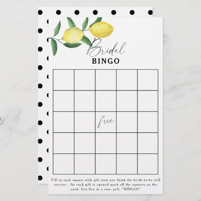 Citrus citron - jeu de bingo de douche nuptiale (Devant / Derrière)