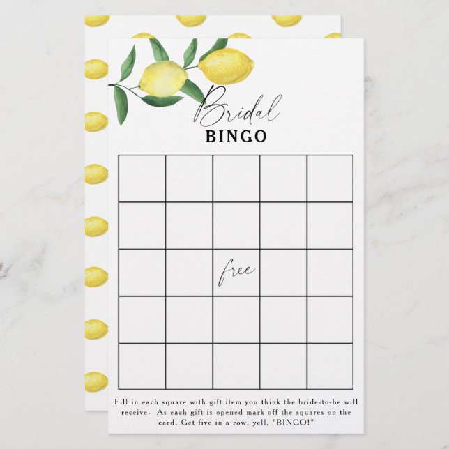 Citrus citron - jeu de bingo de douche nuptiale (Devant / Derrière)