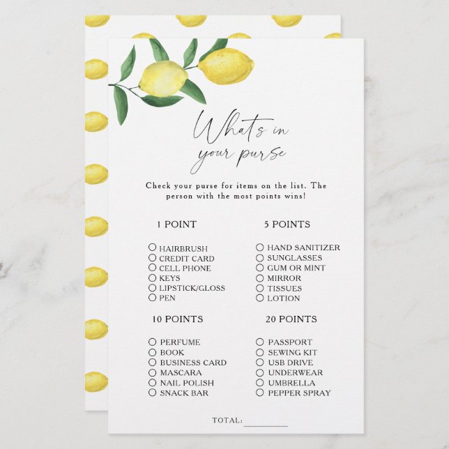 Citrus citron - Qu'y a-t-il dans votre sac à main (Devant / Derrière)