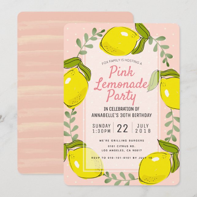 Citrus citron rose Lemonade Party Invitation (Devant / Derrière)