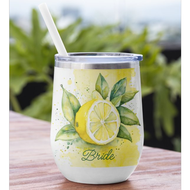 Citrus Citrus Fruit Jaune Jolie mariée aquarelle (Citrus summer wedding wine tumbler for the bride.)