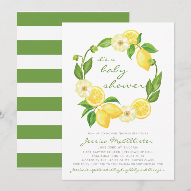 Citrus Citrus Green Stripes Baby shower Invitation (Devant / Derrière)
