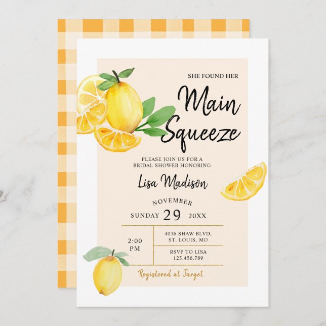 Citrus Lemon principal presser nuptiale invitation (Devant / Derrière)