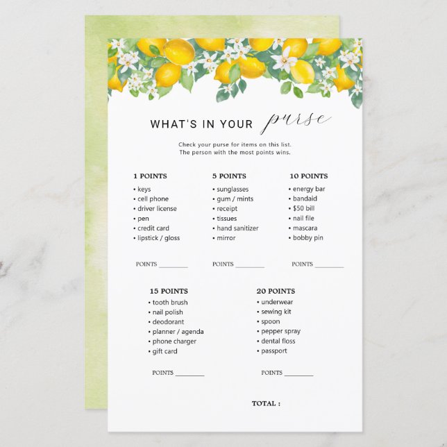 Citrus Lemon What's In Your Purse Bridal Game (Devant / Derrière)
