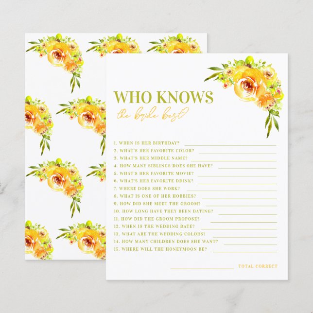 Citrus Yellow Floral Who Knows the Bride Best Game (Devant / Derrière)