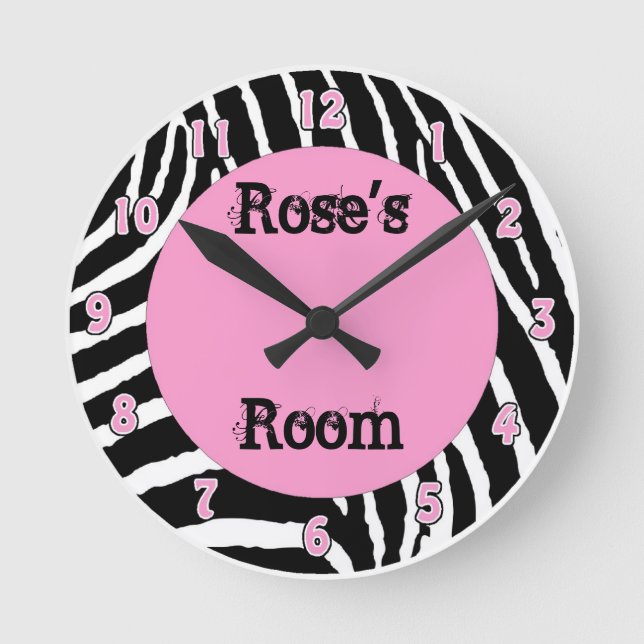 Clair rose Zebra Girls Room Horloge murale avec no (Recto)