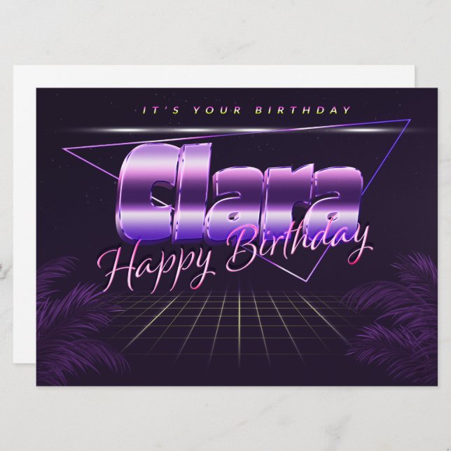 Clara Nom Prénom lila carte rétro anniversaire (Devant / Derrière)