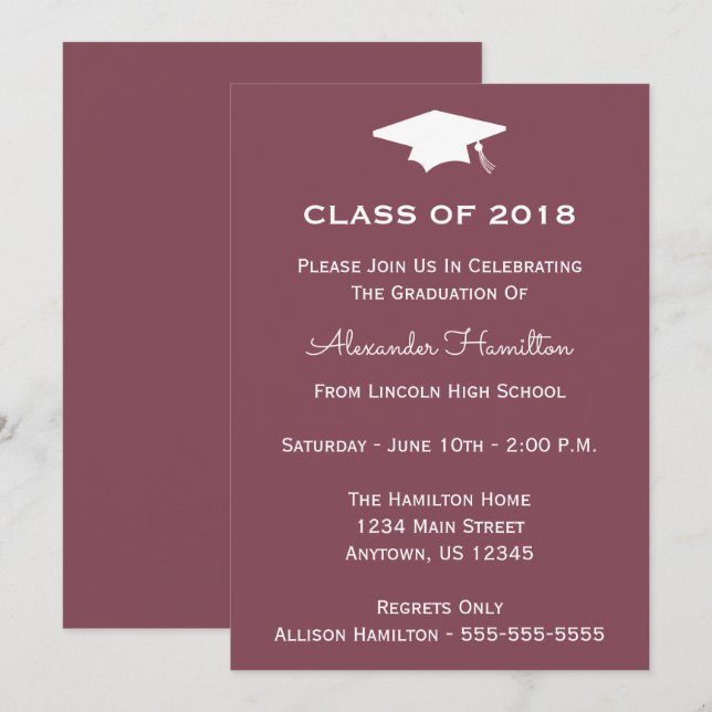 Classe De 2018 Casquette Invitation De Graduation  (Devant / Derrière)