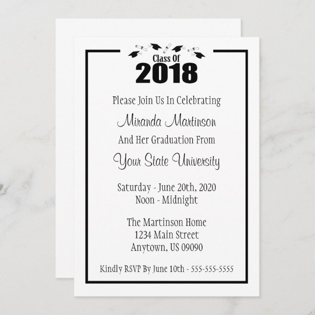 Classe De 2018 Graduation Invitation (Casquettes N (Devant / Derrière)