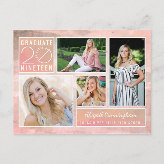 Classe de 2019 Photo Peach Watercolor Invitation (Devant)