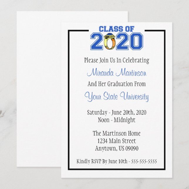 Classe De 2020 Graduation Invitation (Bague Bleue) (Devant / Derrière)