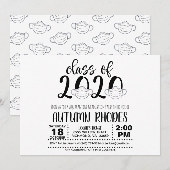Classe de 2020 Graduation Invitation - Masque Visa (Devant / Derrière)