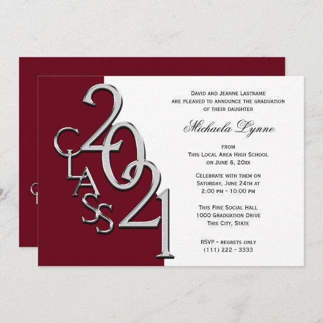 Classe de 2021 Grad Silver and Burgundy Invitation (Devant / Derrière)