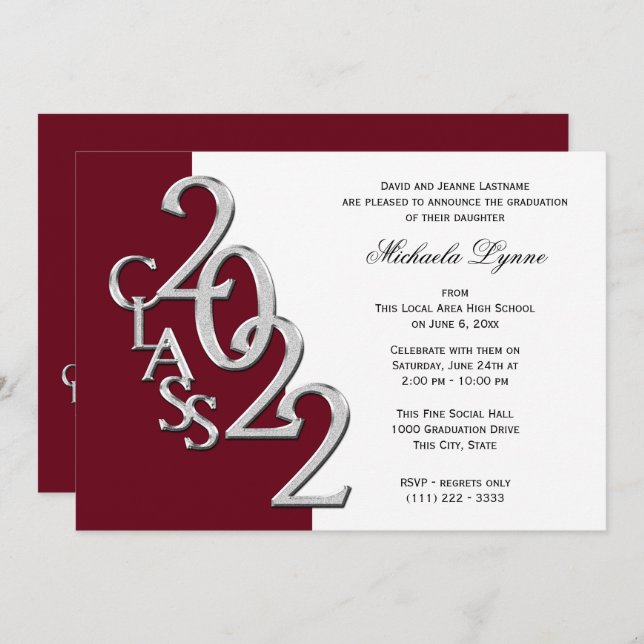 Classe de 2022 Grad Silver and Burgundy Invitation (Devant / Derrière)