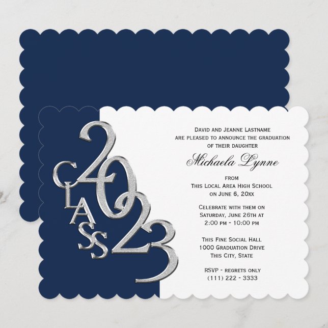 Classe de 2023 Grad Silver and Blue Invitation (Devant / Derrière)