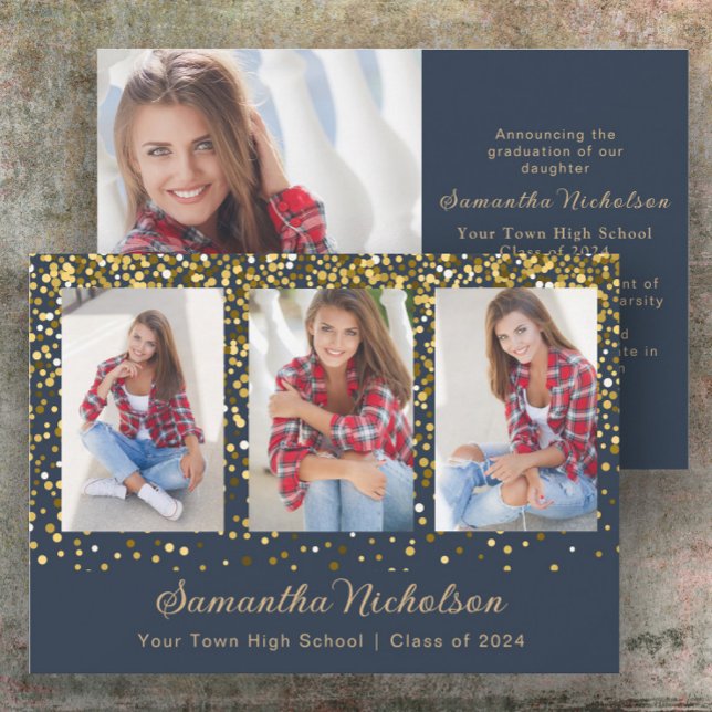 Classe de Parties scintillant d'or bleu marine de  (Navy blue and gold glitter 4-photo graduation announcement)