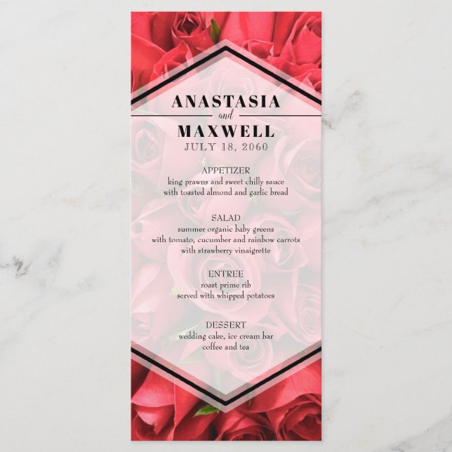 Classé élégant Roses rouges Mariage menu Mariage (Devant)