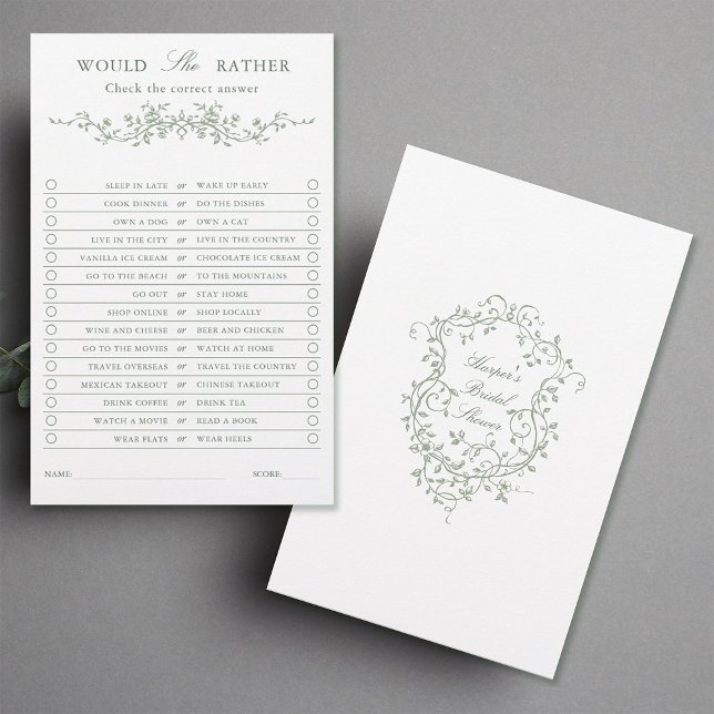 Classé Sage Vert Floral 'Voudrait-Elle Plaire' Jeu (Front & Back)