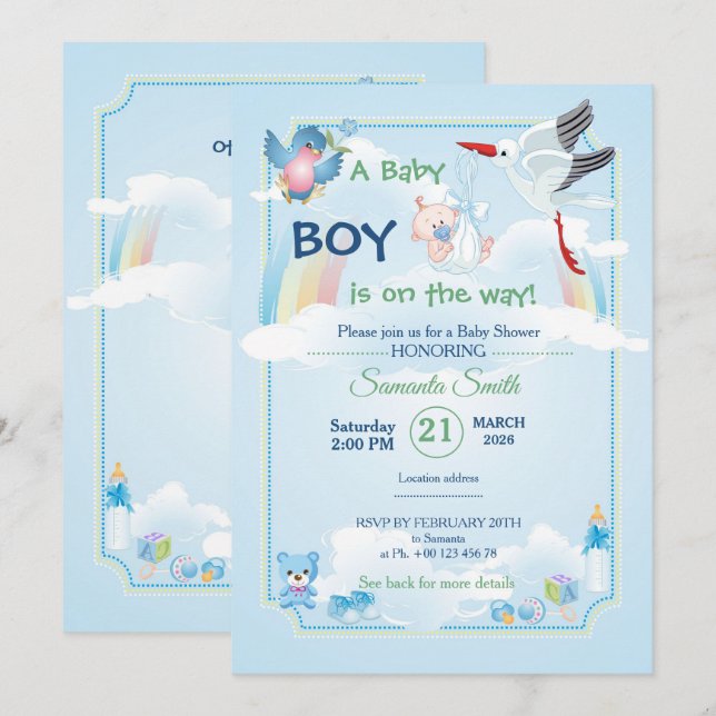 Classic and cute Stork Baby Shower Invitation (Devant / Derrière)