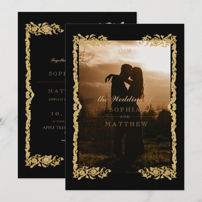 Classic Black Gold Frame⎮ Photo Wedding Invitation (Devant / Derrière)