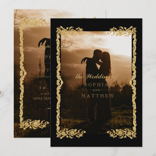 Classic Black Gold Photo Wedding Invitation (Devant / Derrière)