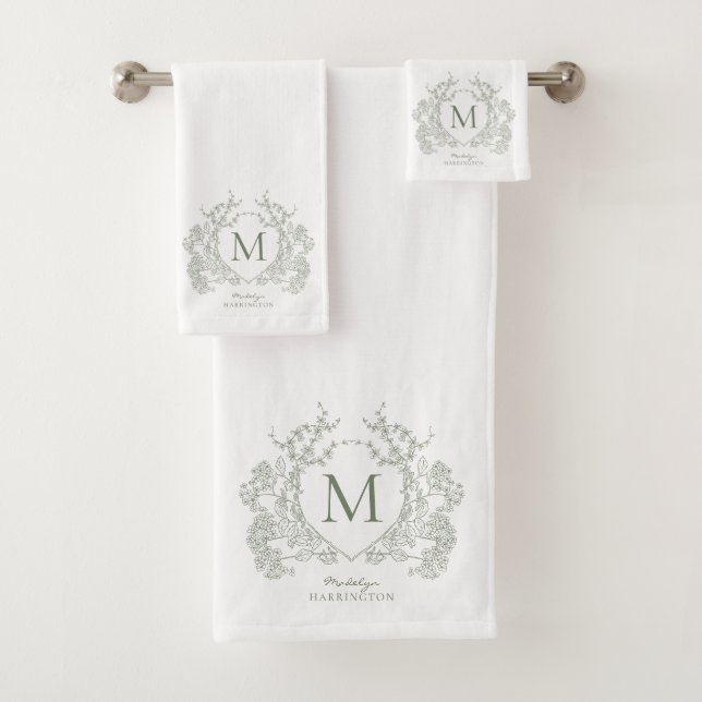 Classic Botanique Sage Vert Floral Crest Monogramm (En situation)