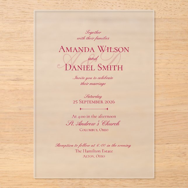 Classic Burgundy Wedding Invitation (Acrylic) (Recto)