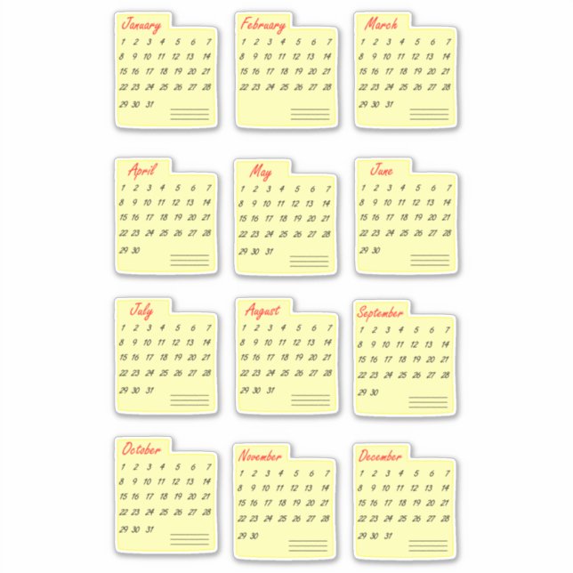 Classic Calendrier Mois Chaque année Sticker Pack (Devant)