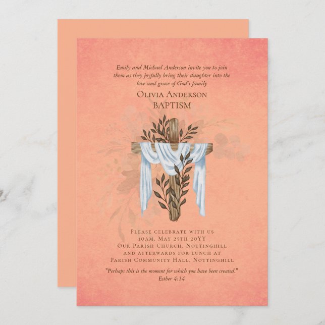 Classic Elegant BAPTISM Invitation Coral (Devant / Derrière)