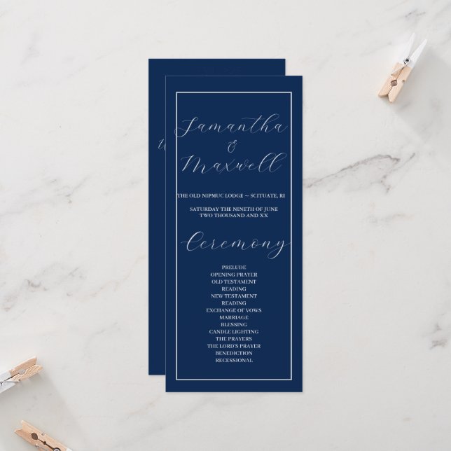 Classic Elegant Marine Programme de mariage bleu (Devant/Arrière en situation)