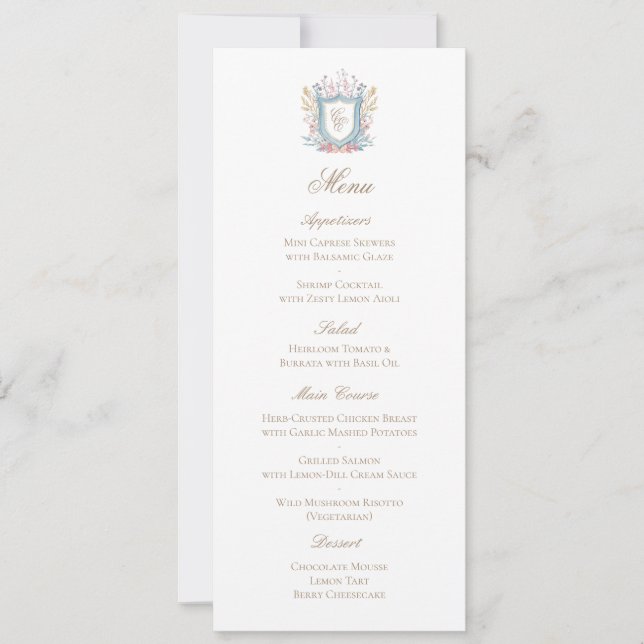 Classic Floral Monogram Crest Wedding Menu Card (Devant)