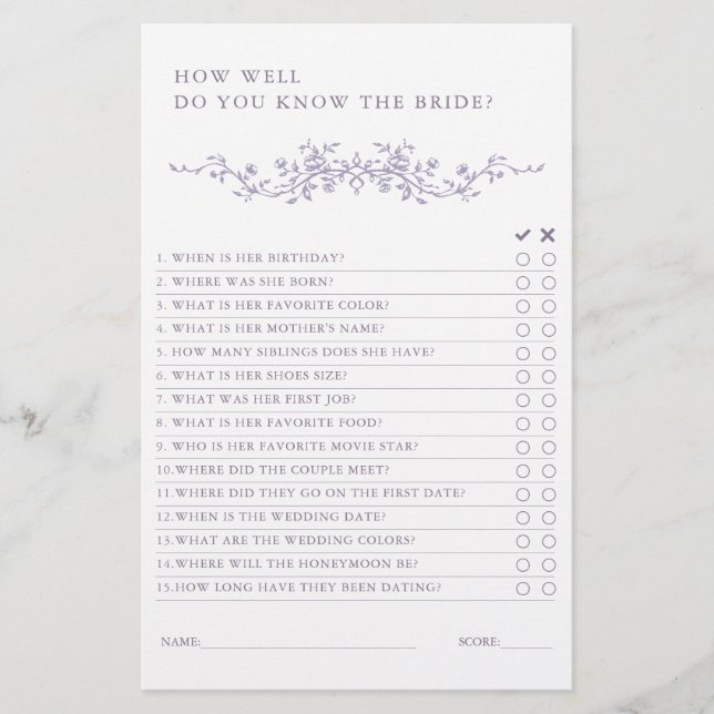 Classic French Lavender Bridal Shower Game  (Devant)